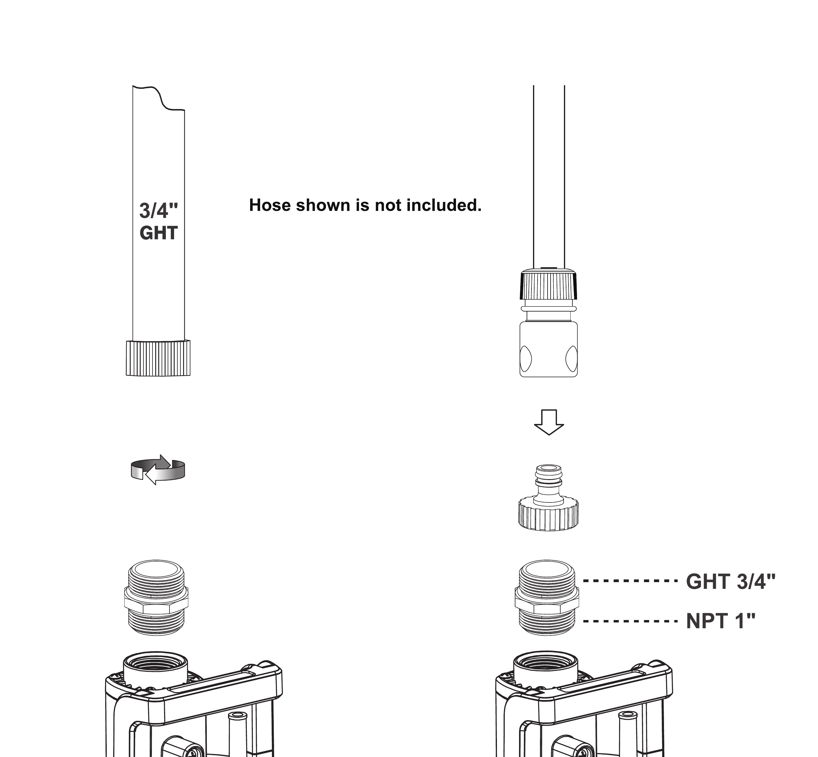 FSP1300HC-1 manual line art showing a 3/4 inch GHT garden-hose path and a quick-connect hose path