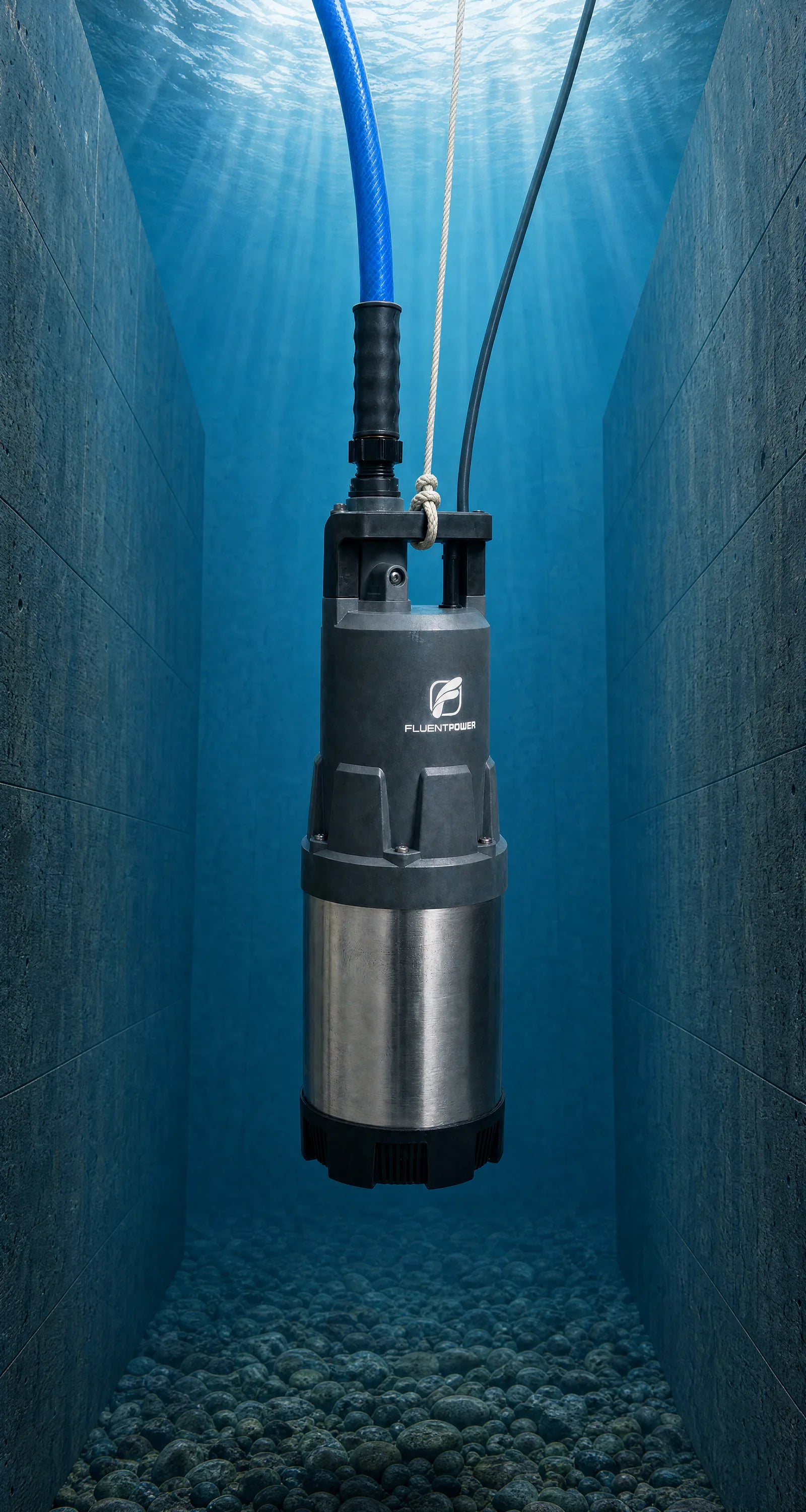 FSP1300HC-1 suspended vertically inside a deep water well with discharge hose, safety rope and power cable