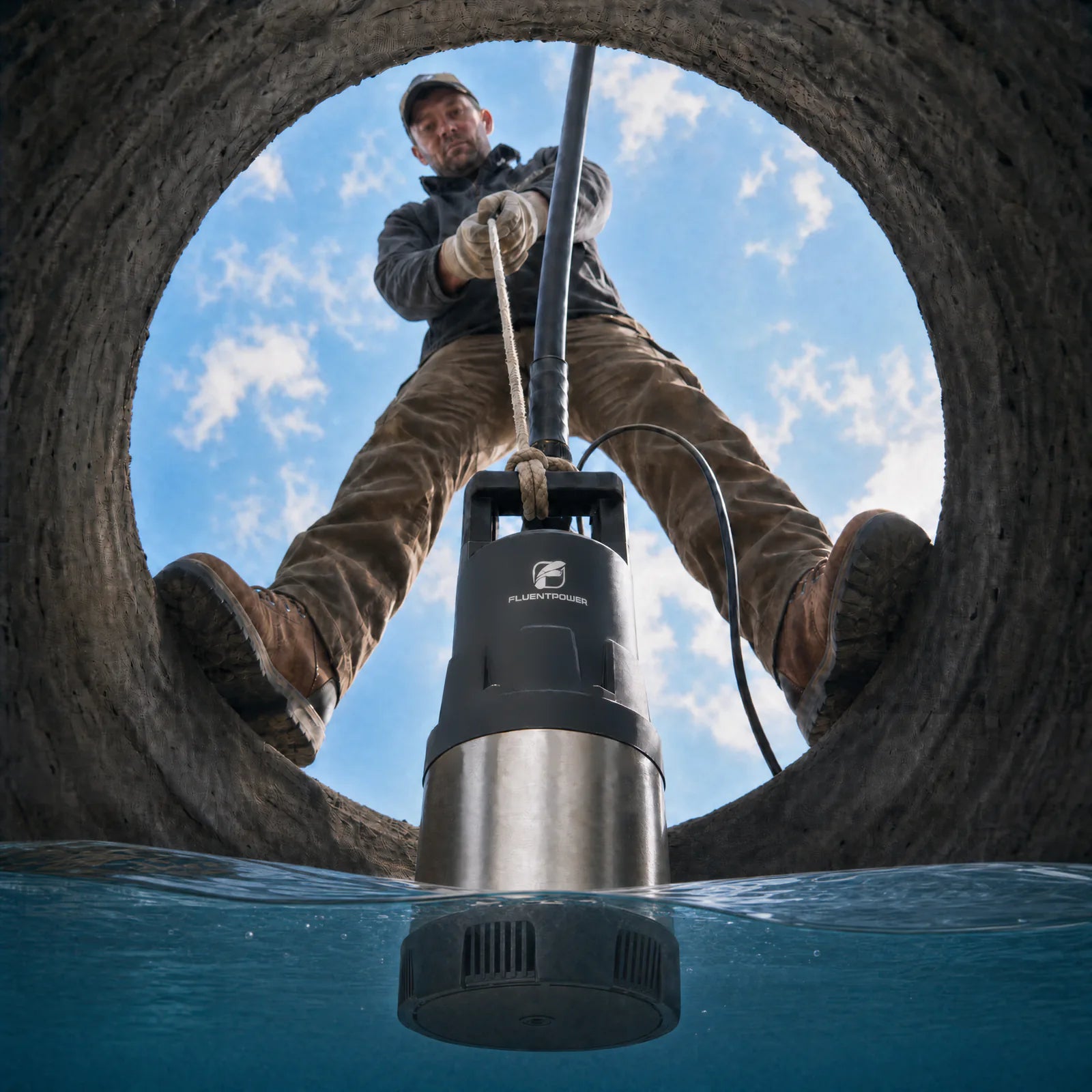 Worker lowering the FSP1300HC-1 vertically into a well using a safety rope