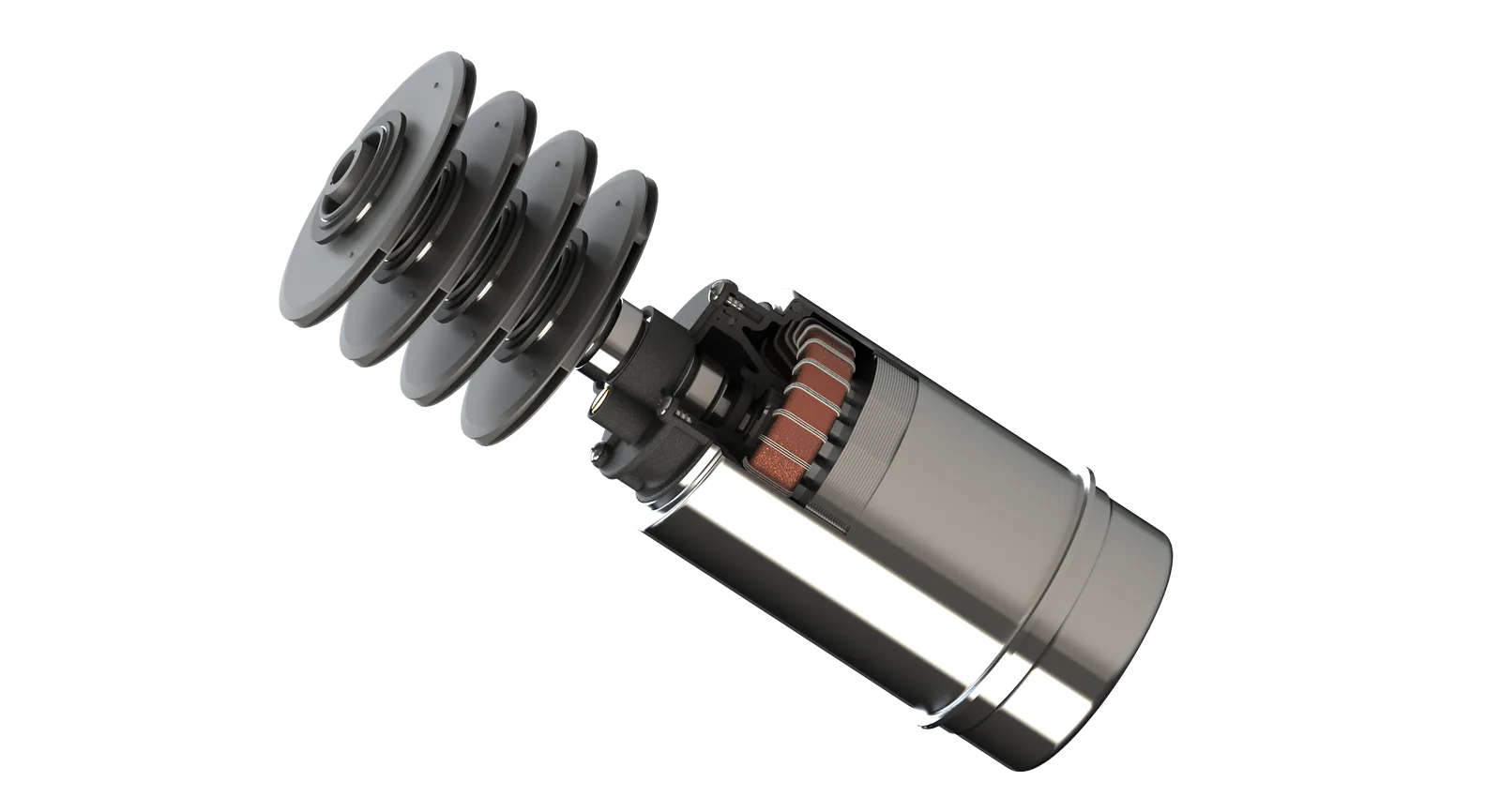 Exploded internal view of the FSP1300HC-1 multi-stage impeller and motor assembly