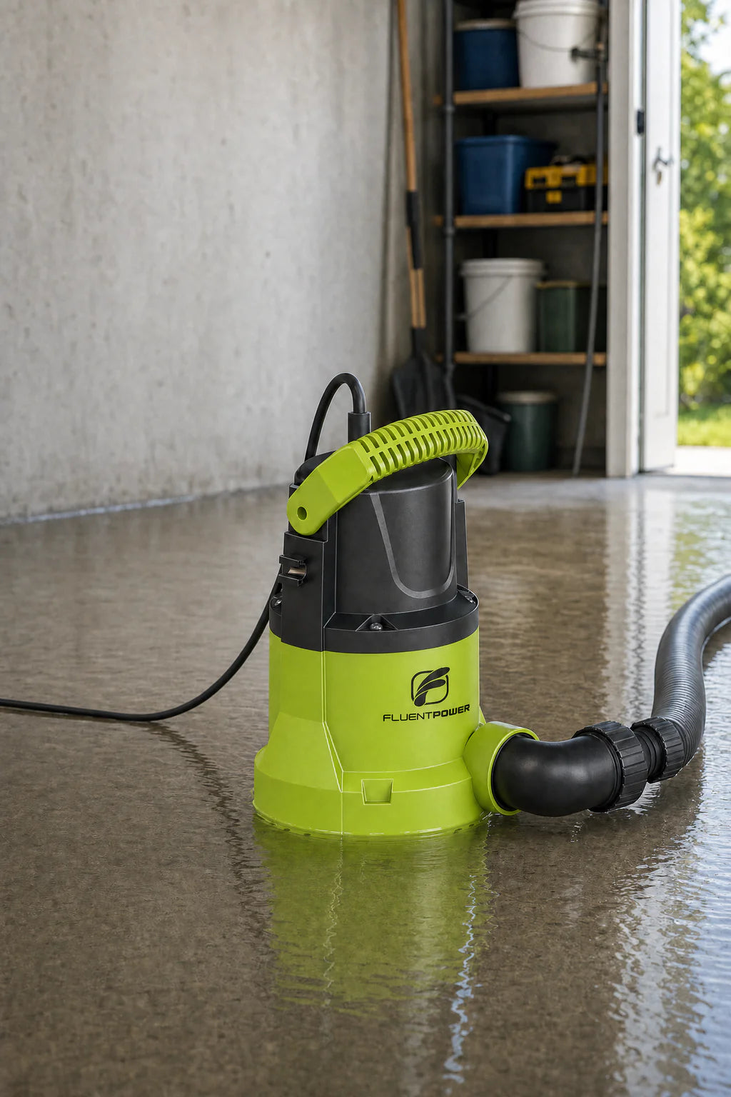FSP750CL submersible utility pump removing shallow water from a garage floor
